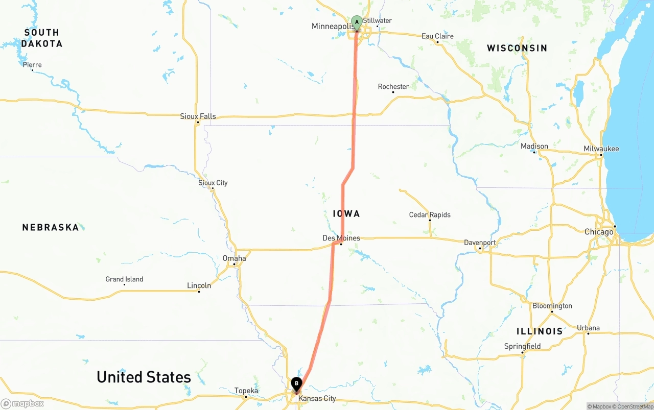 Shipping route from Minneapolis to Kansas City