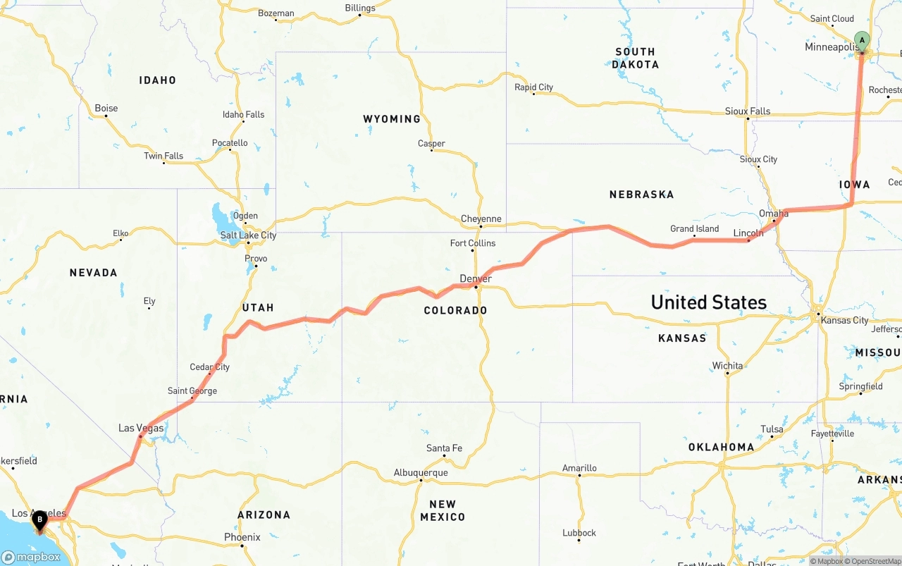 Shipping route from Minneapolis to Port of Long Beach