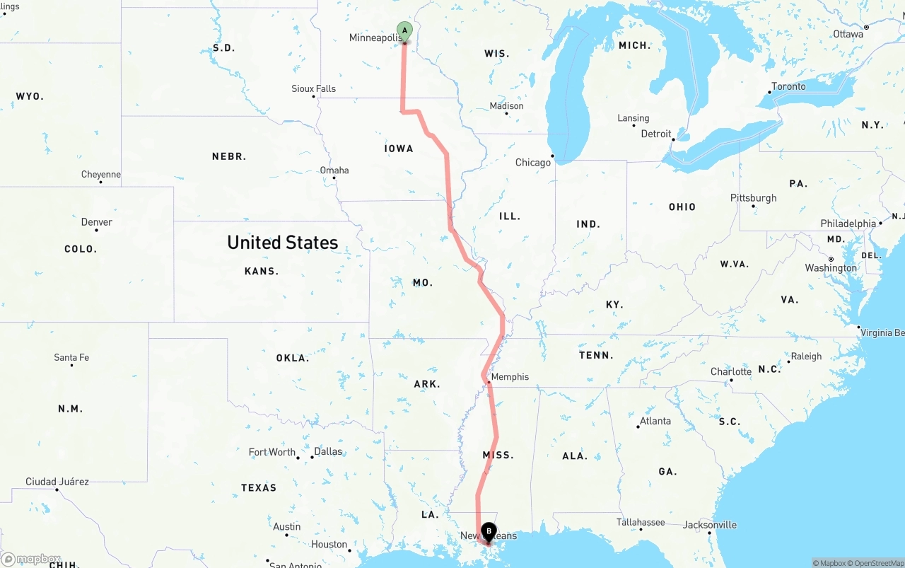 Shipping route from Minneapolis to Port of New Orleans
