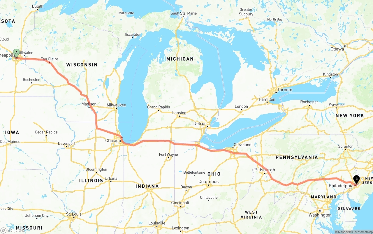 Shipping route from Minneapolis to Port of Philadelphia