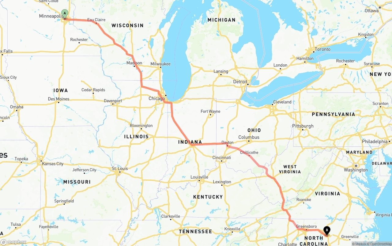 Shipping route from Minneapolis to Raleigh