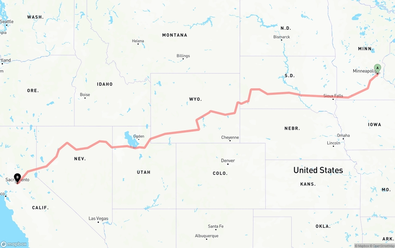 Shipping route from Minneapolis to Sacramento