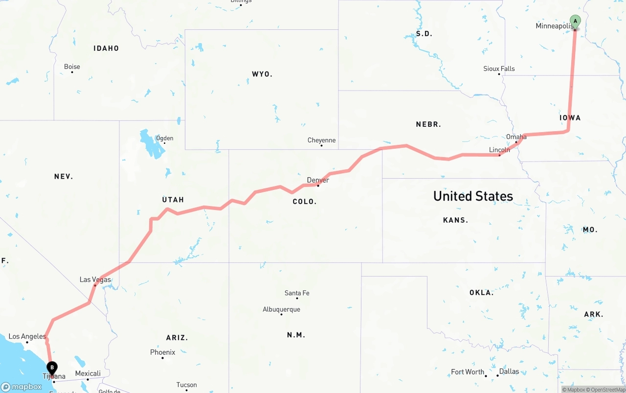 Shipping route from Minneapolis to San Diego