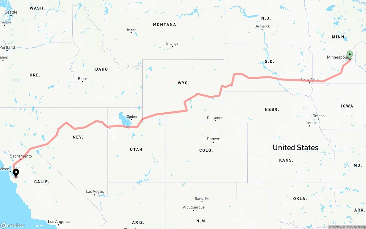 Shipping route from Minneapolis to San Jose