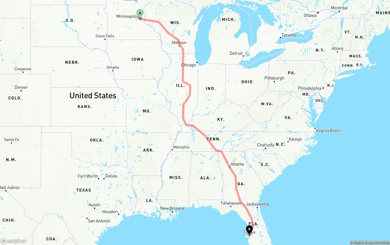 Shipping route from Minneapolis to Tampa