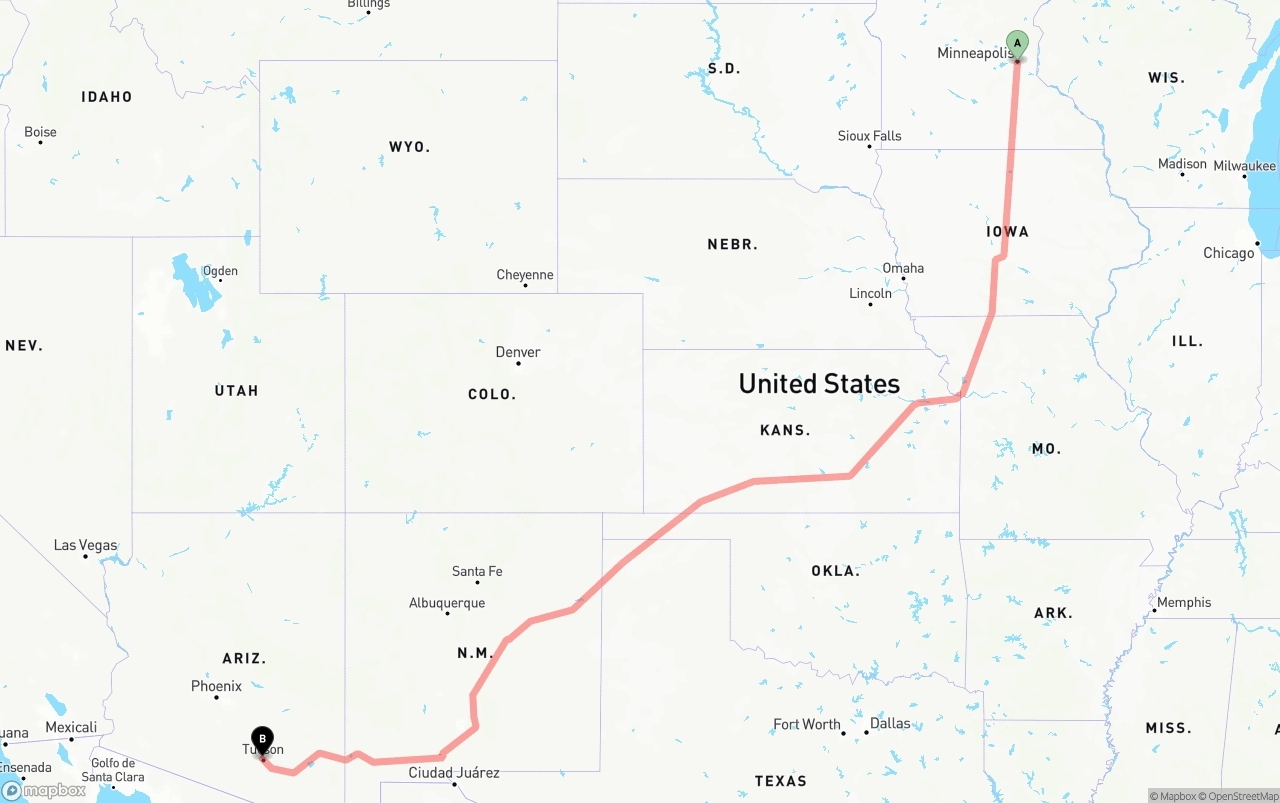 Shipping route from Minneapolis to Tucson