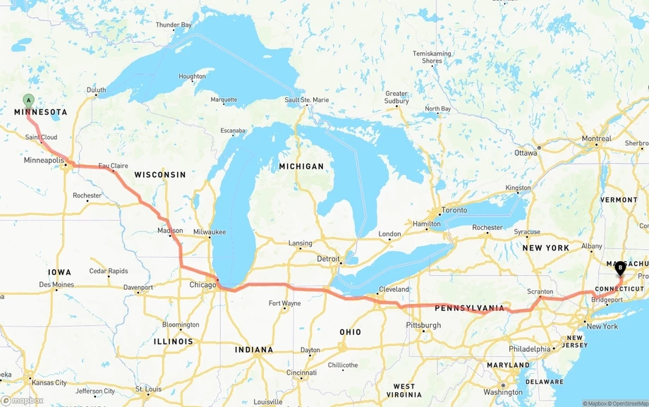 Minnesota to Bradley International Airport freight shipping route map
