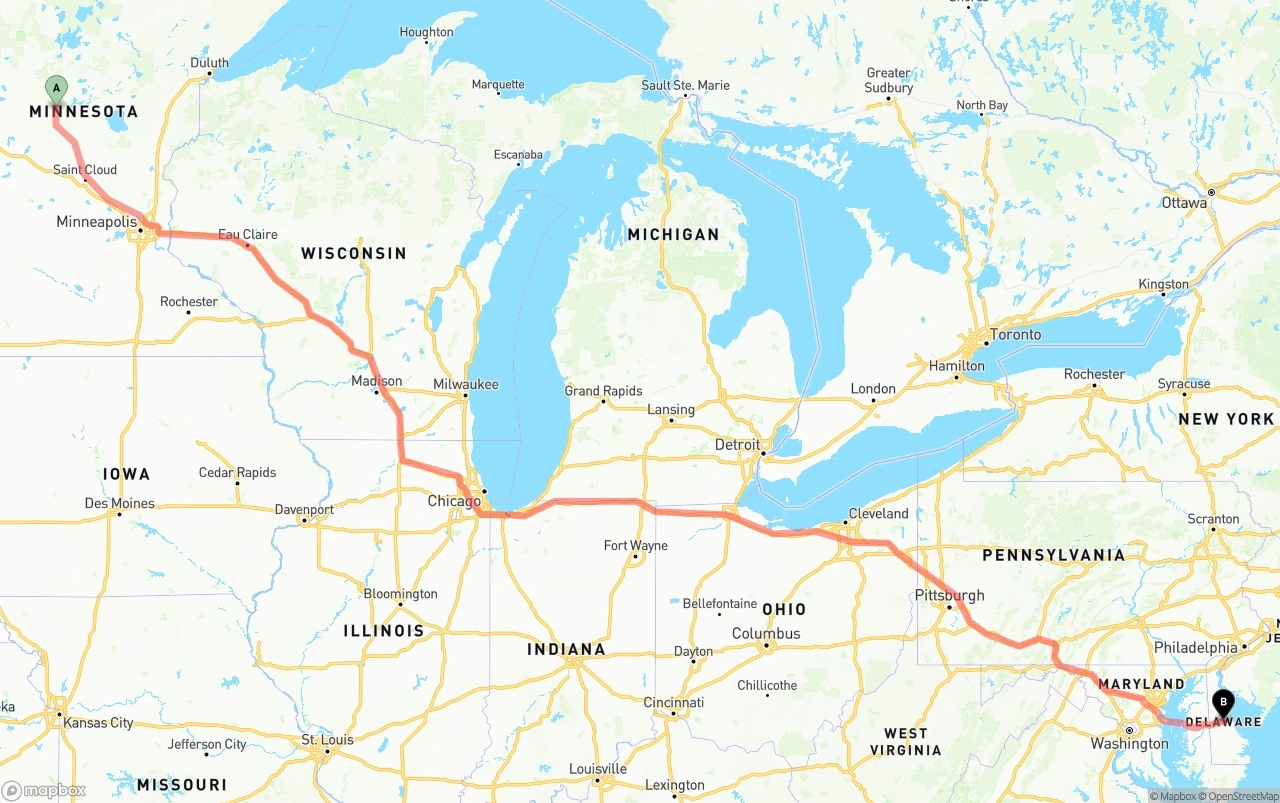 Shipping route from Minnesota to Delaware