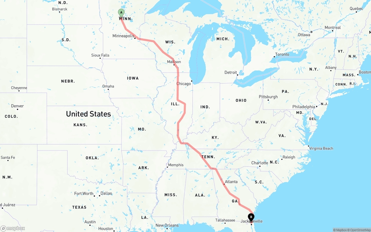 Shipping route from Minnesota to Jacksonville International Airport