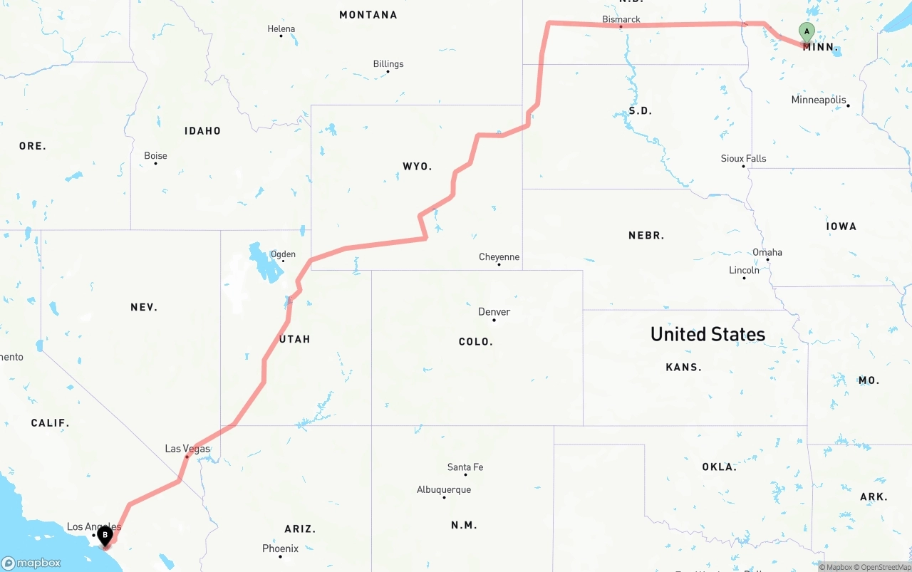 Shipping route from Minnesota to John Wayne Airport — Orange County