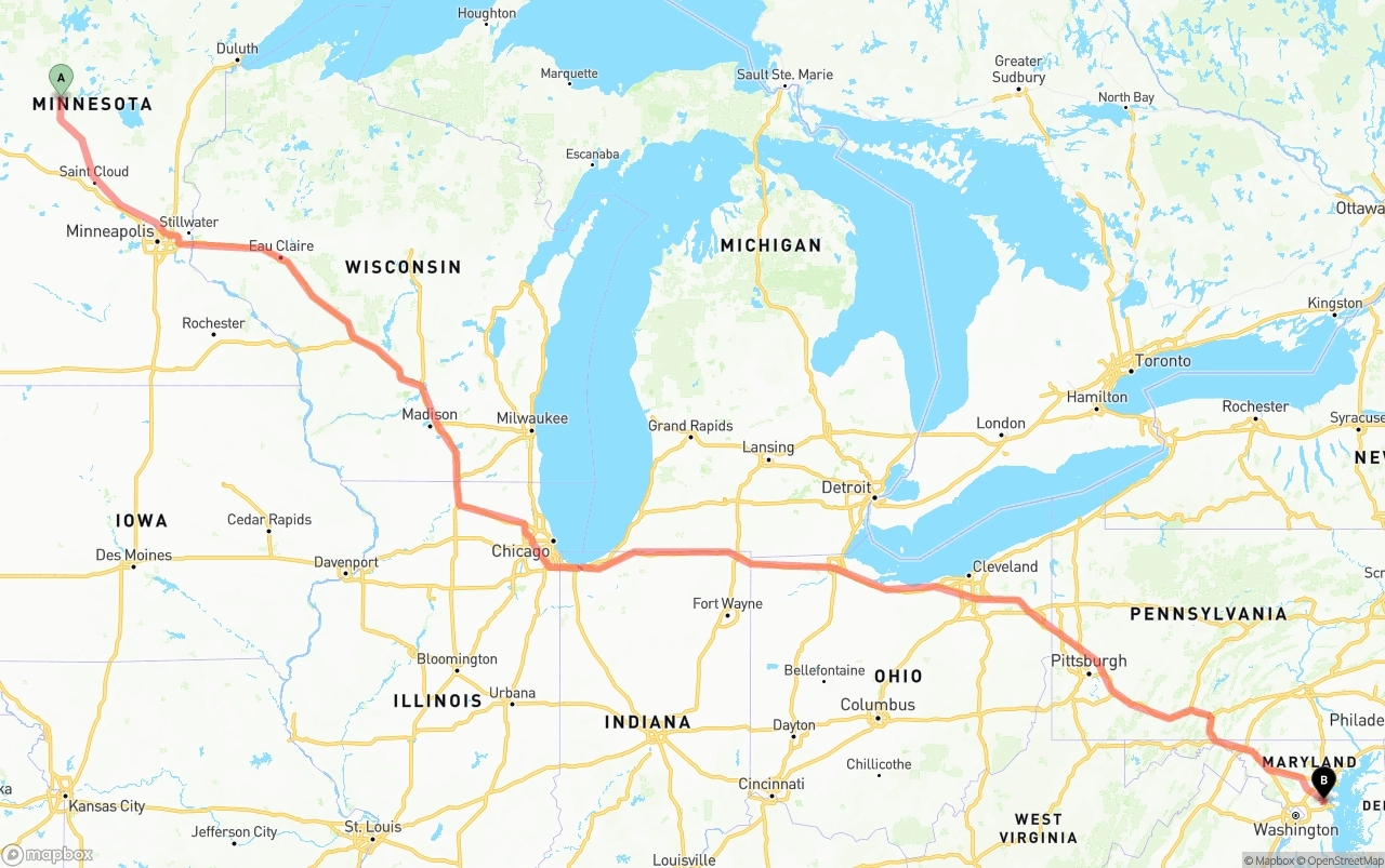 Shipping route from Minnesota to Maryland
