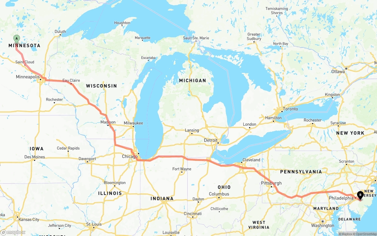 Shipping route from Minnesota to New Jersey