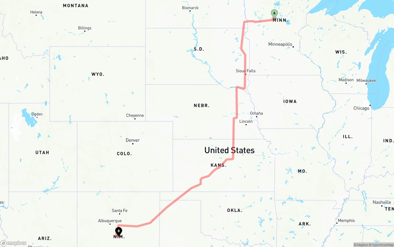 Shipping route from Minnesota to New Mexico