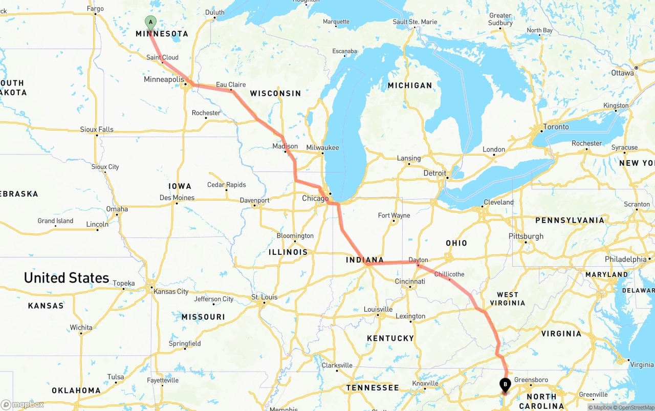 Shipping route from Minnesota to North Carolina