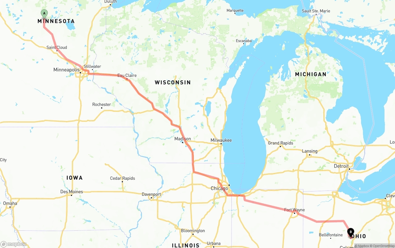 Shipping route from Minnesota to Ohio