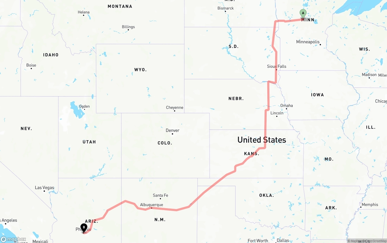 Shipping route from Minnesota to Phoenix Sky Harbor International Airport