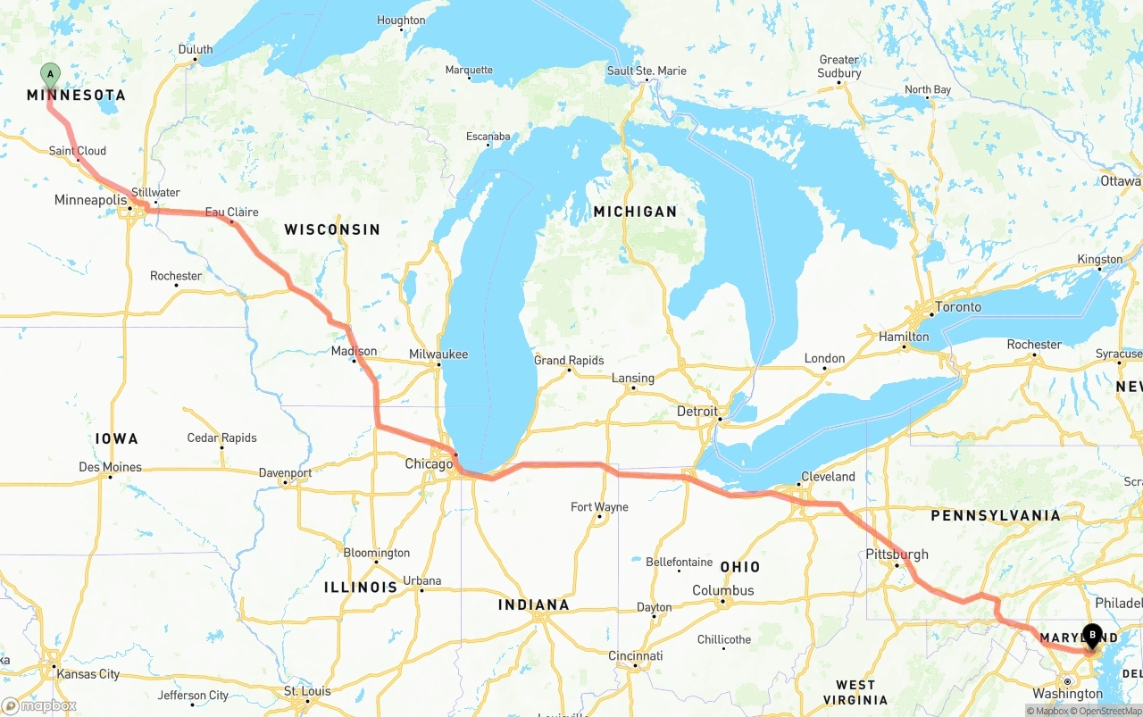 Shipping route from Minnesota to Port of Baltimore