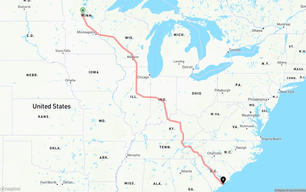 Shipping route from Minnesota to Port of Charleston
