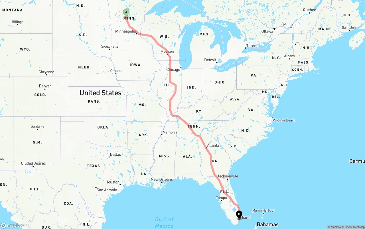 Shipping route from Minnesota to Port of Miami