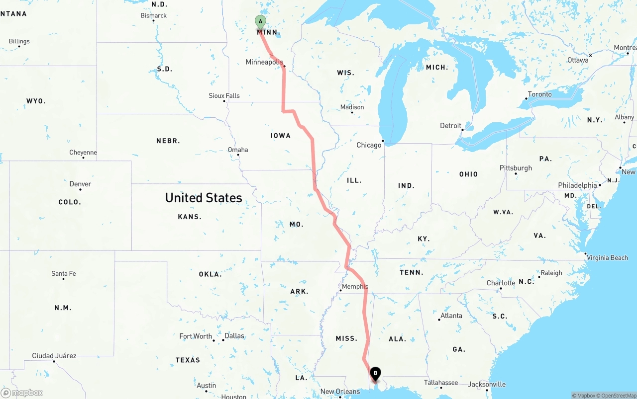 Shipping route from Minnesota to Port of Mobile