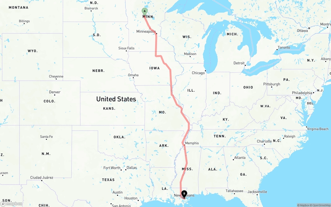 Shipping route from Minnesota to Port of New Orleans