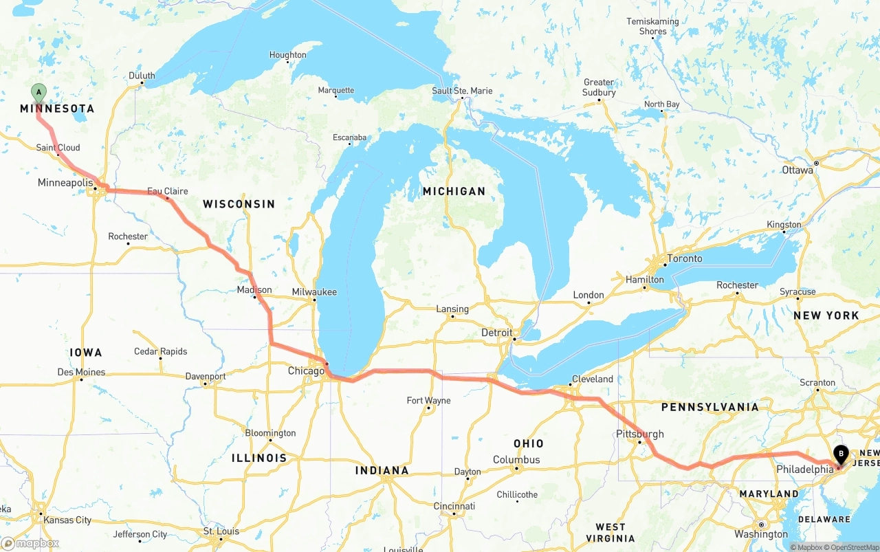 Shipping route from Minnesota to Port of Philadelphia