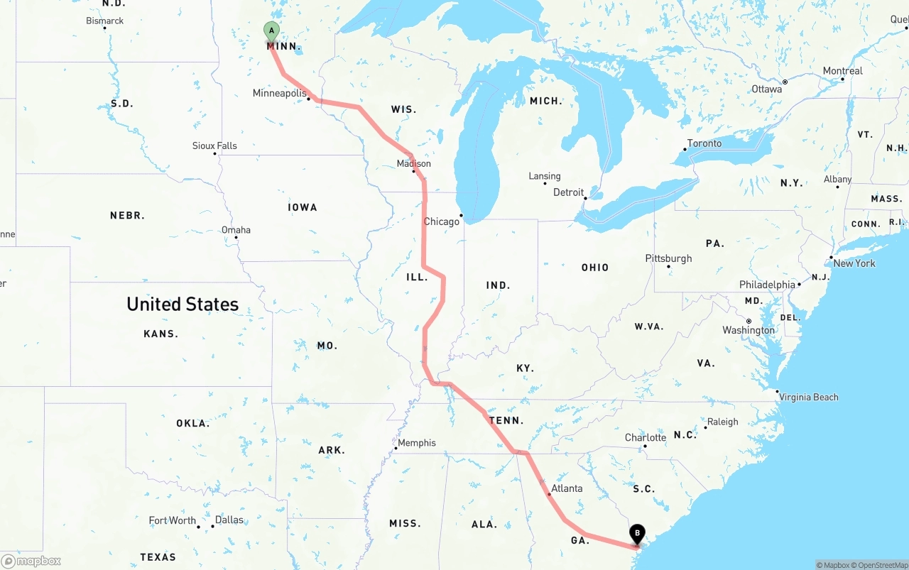 Shipping route from Minnesota to Port of Savannah