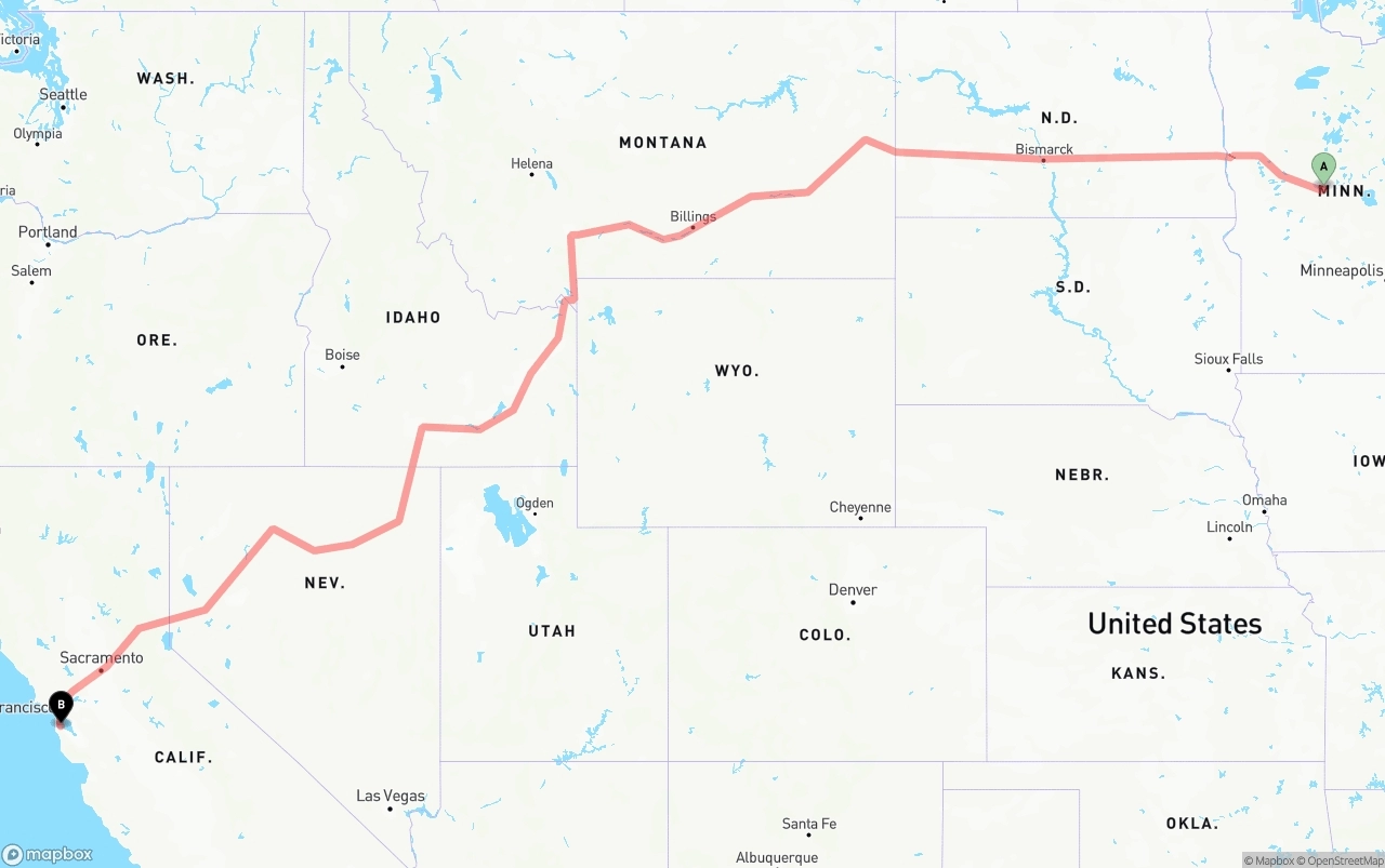 Shipping route from Minnesota to San Francisco International Airport