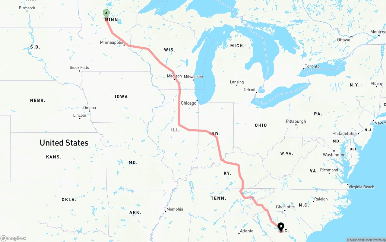 Shipping route from Minnesota to South Carolina