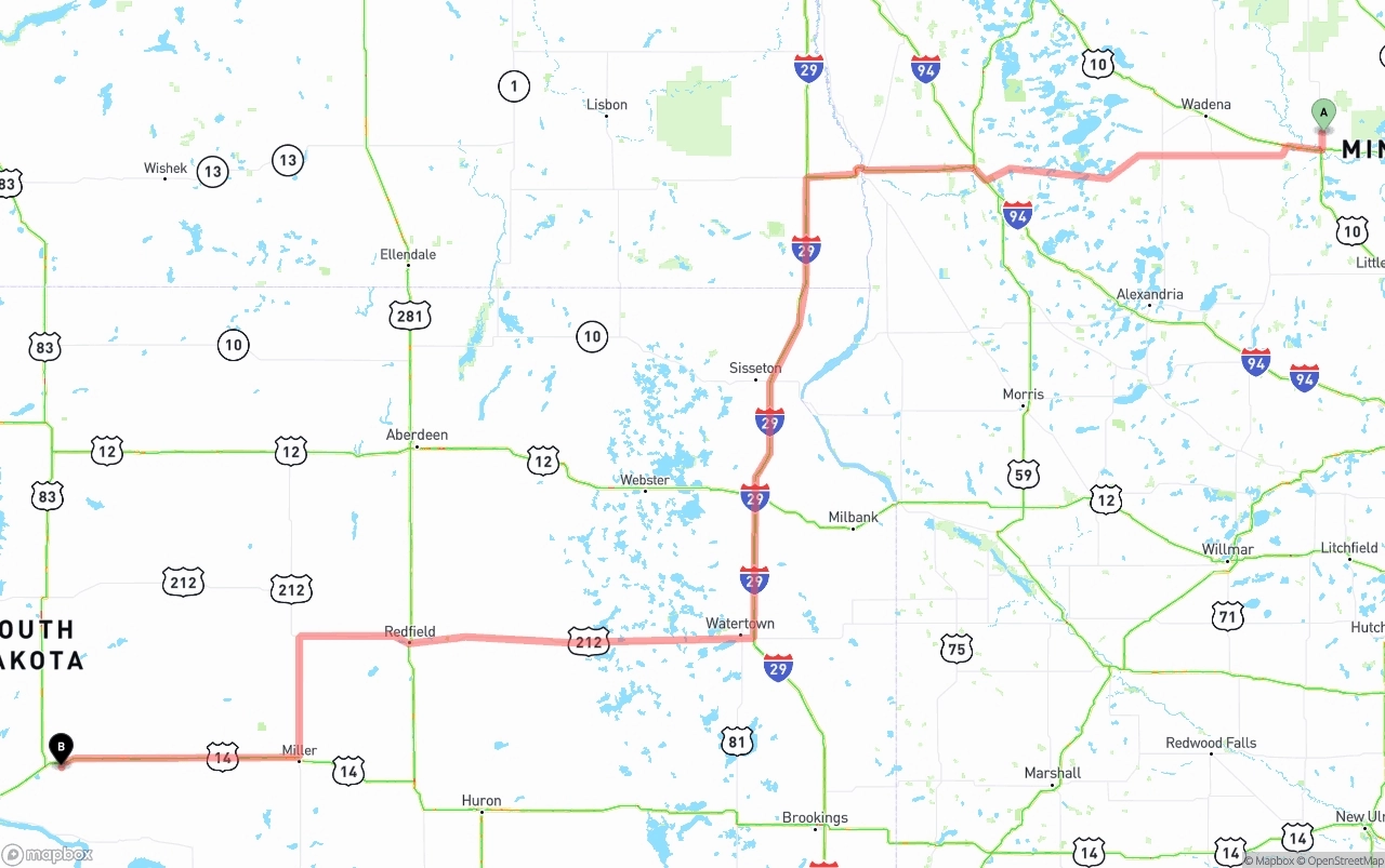 Shipping route from Minnesota to South Dakota