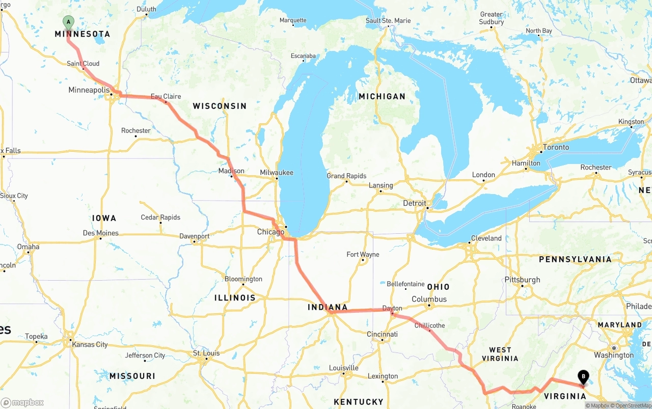 Shipping route from Minnesota to Virginia