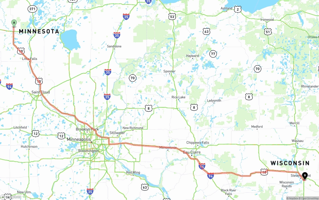 Shipping route from Minnesota to Wisconsin