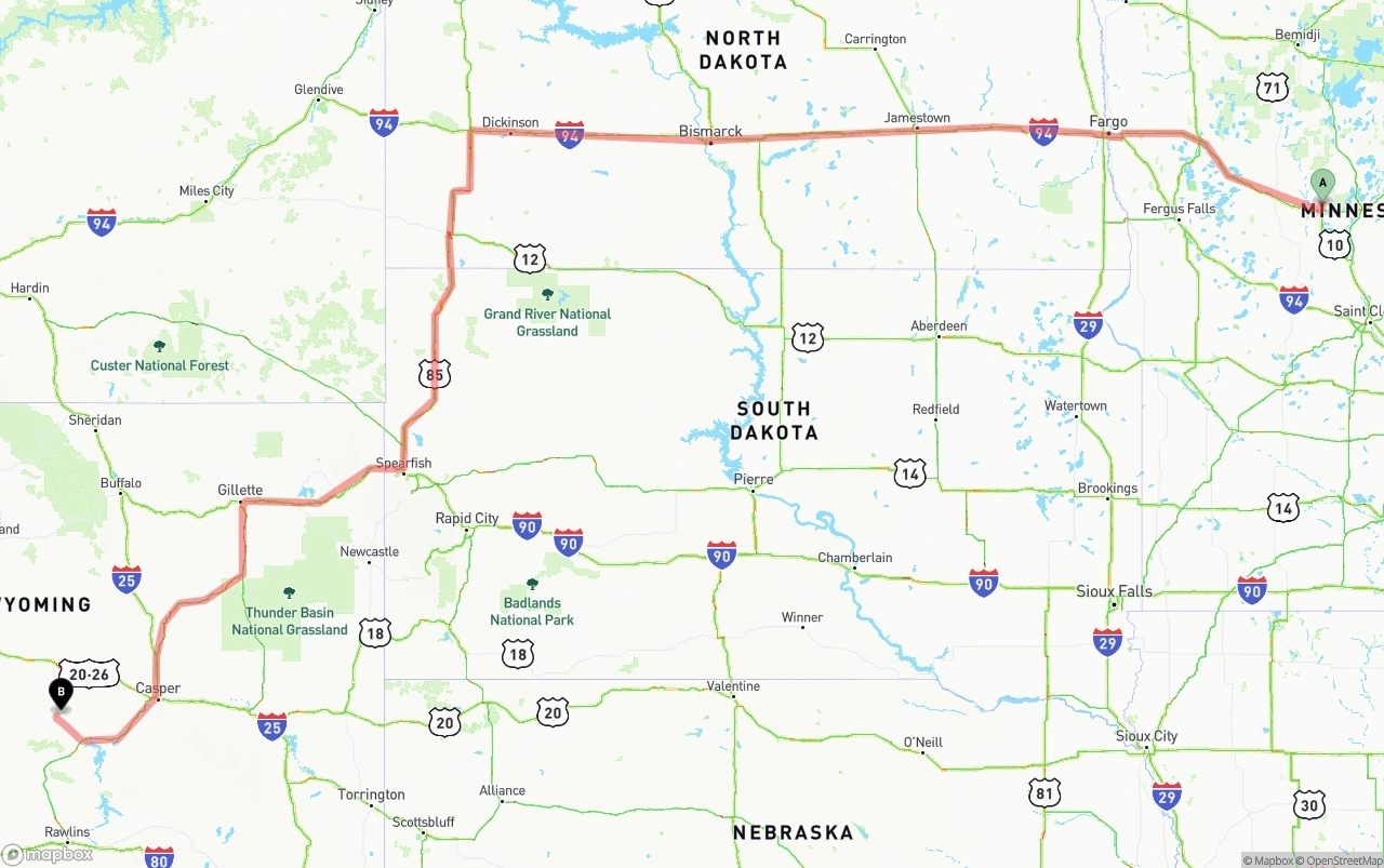 Shipping route from Minnesota to Wyoming