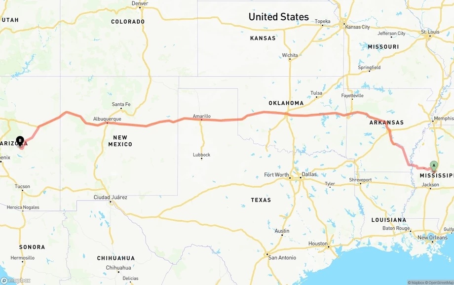 Mississippi to Arizona freight shipping route map