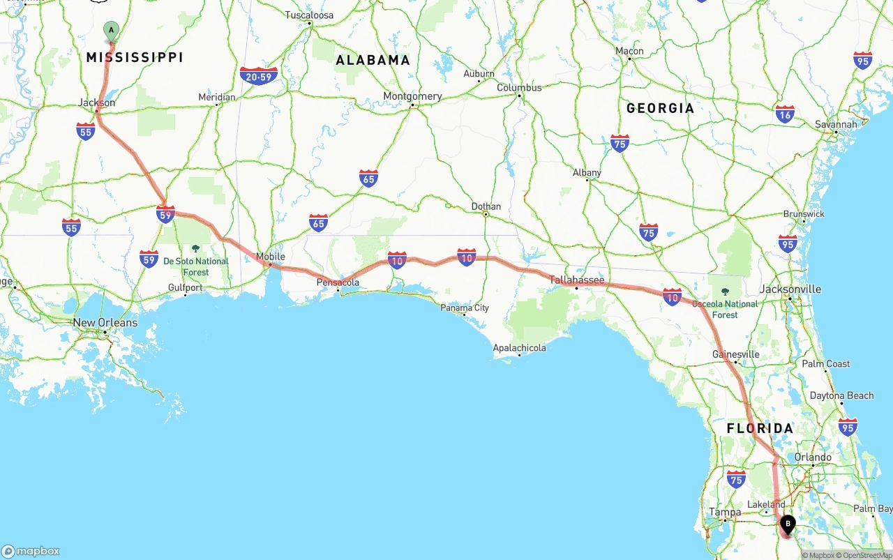 Shipping route from Mississippi to Florida
