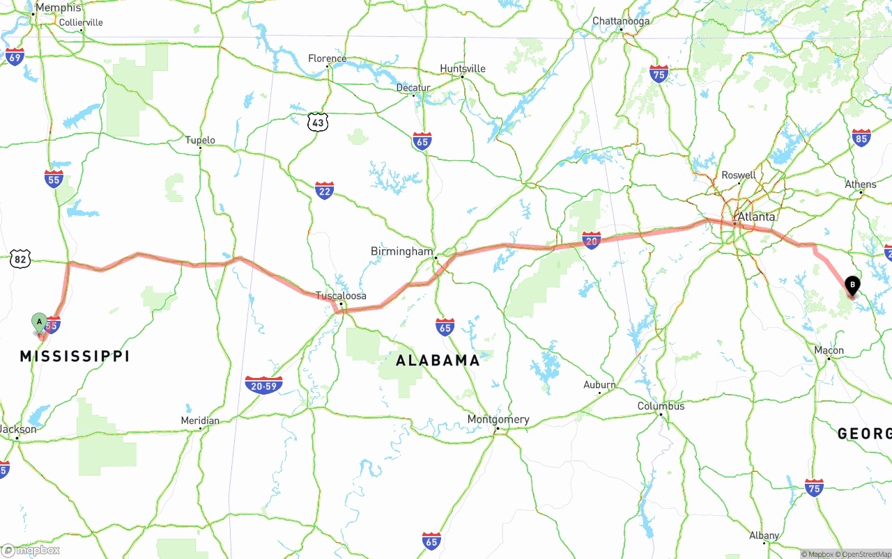 Shipping route from Mississippi to Georgia