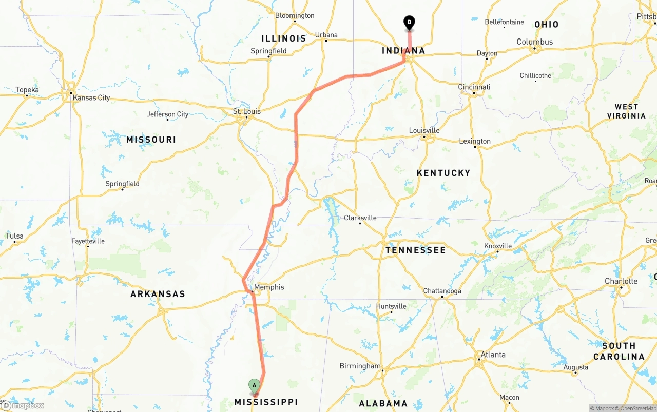 Shipping route from Mississippi to Indiana