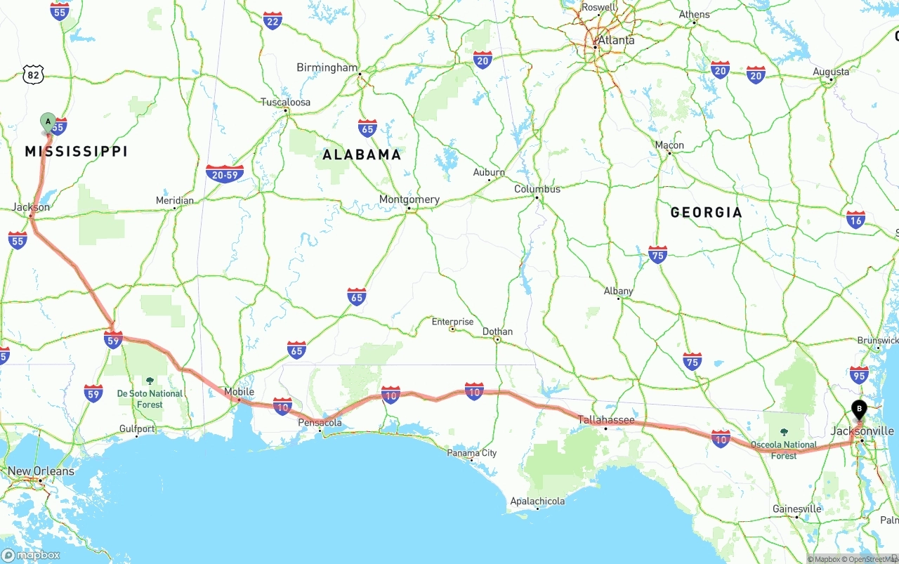 Shipping route from Mississippi to Jacksonville International Airport