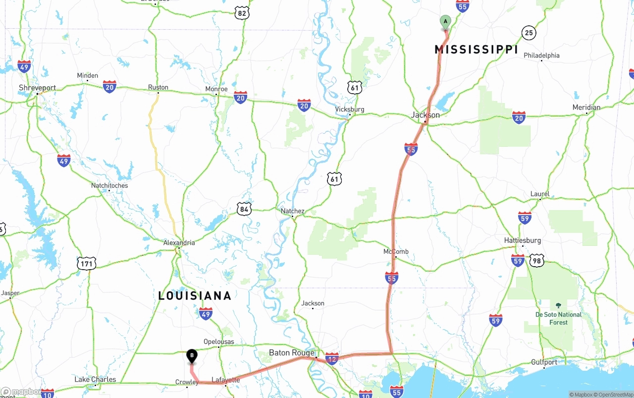 Shipping route from Mississippi to Louisiana