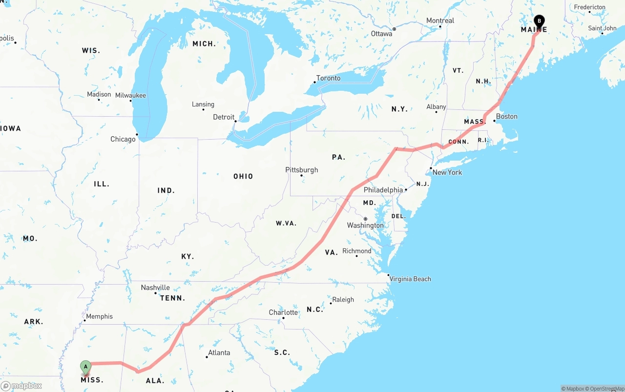 Shipping route from Mississippi to Maine