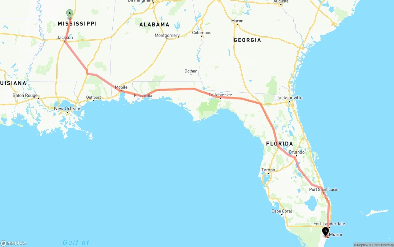 Shipping route from Mississippi to Miami International Airport