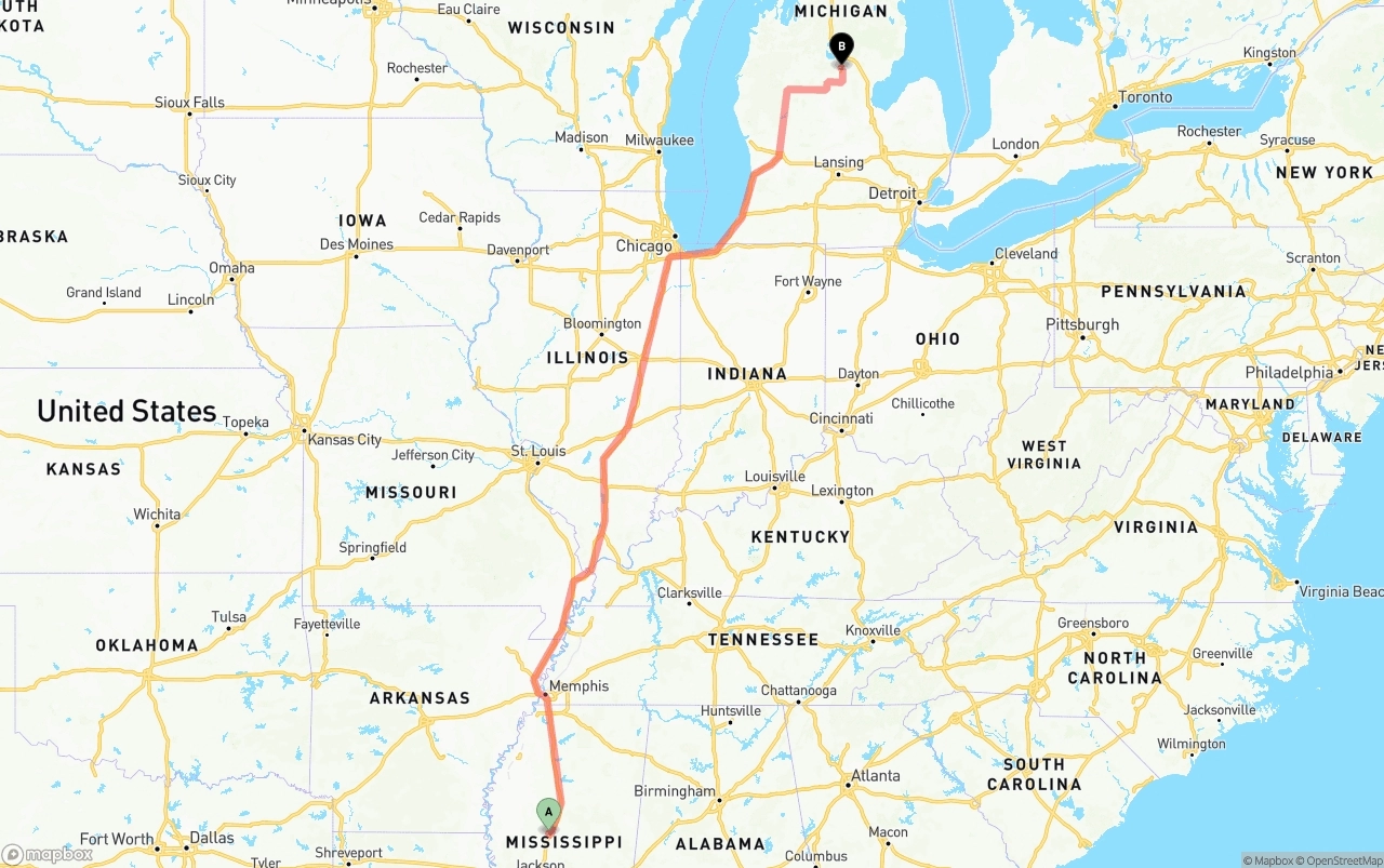 Shipping route from Mississippi to Michigan