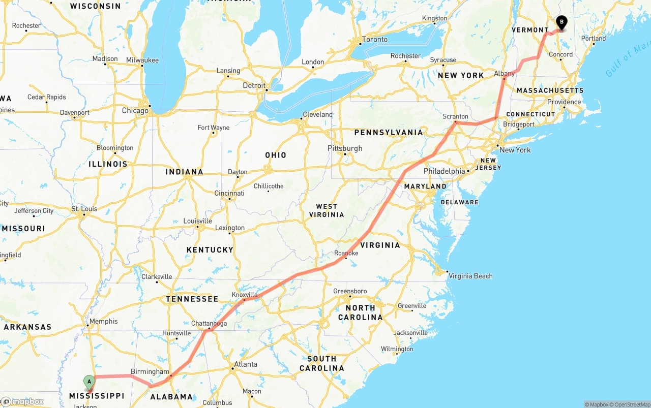 Shipping route from Mississippi to New Hampshire