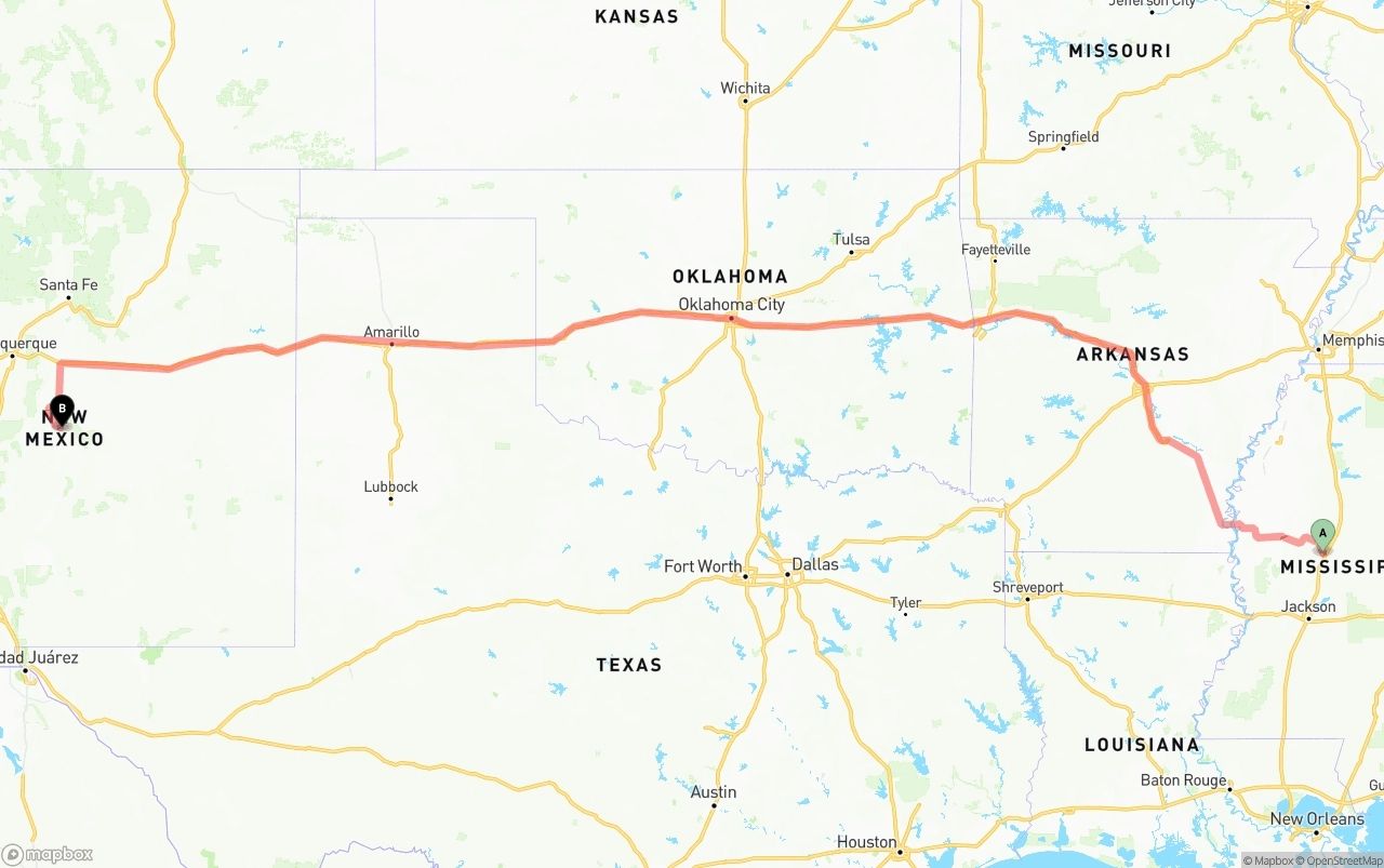 Shipping route from Mississippi to New Mexico