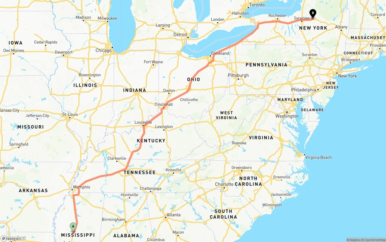 Shipping route from Mississippi to New York