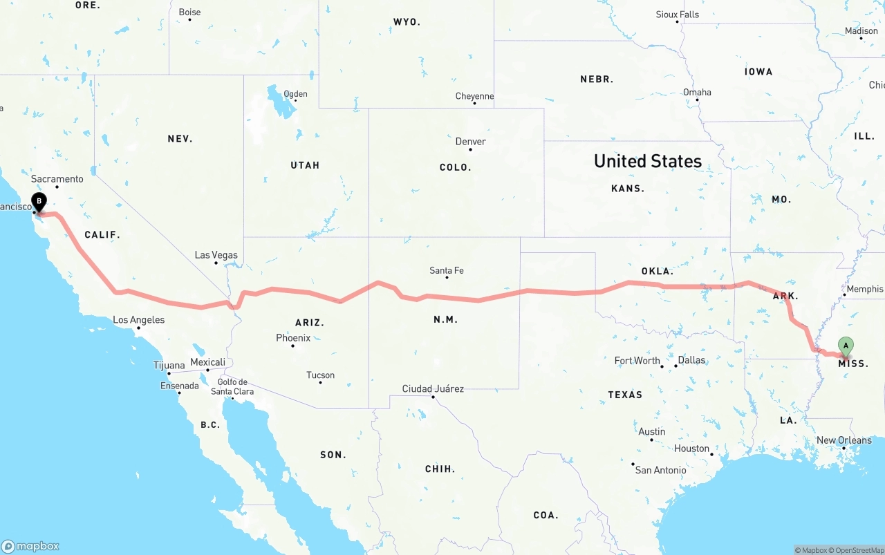 Shipping route from Mississippi to Oakland International Airport