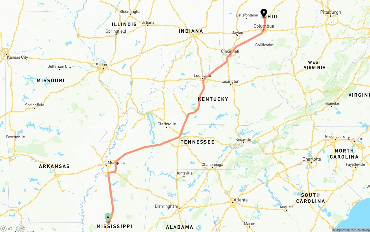 Shipping route from Mississippi to Ohio