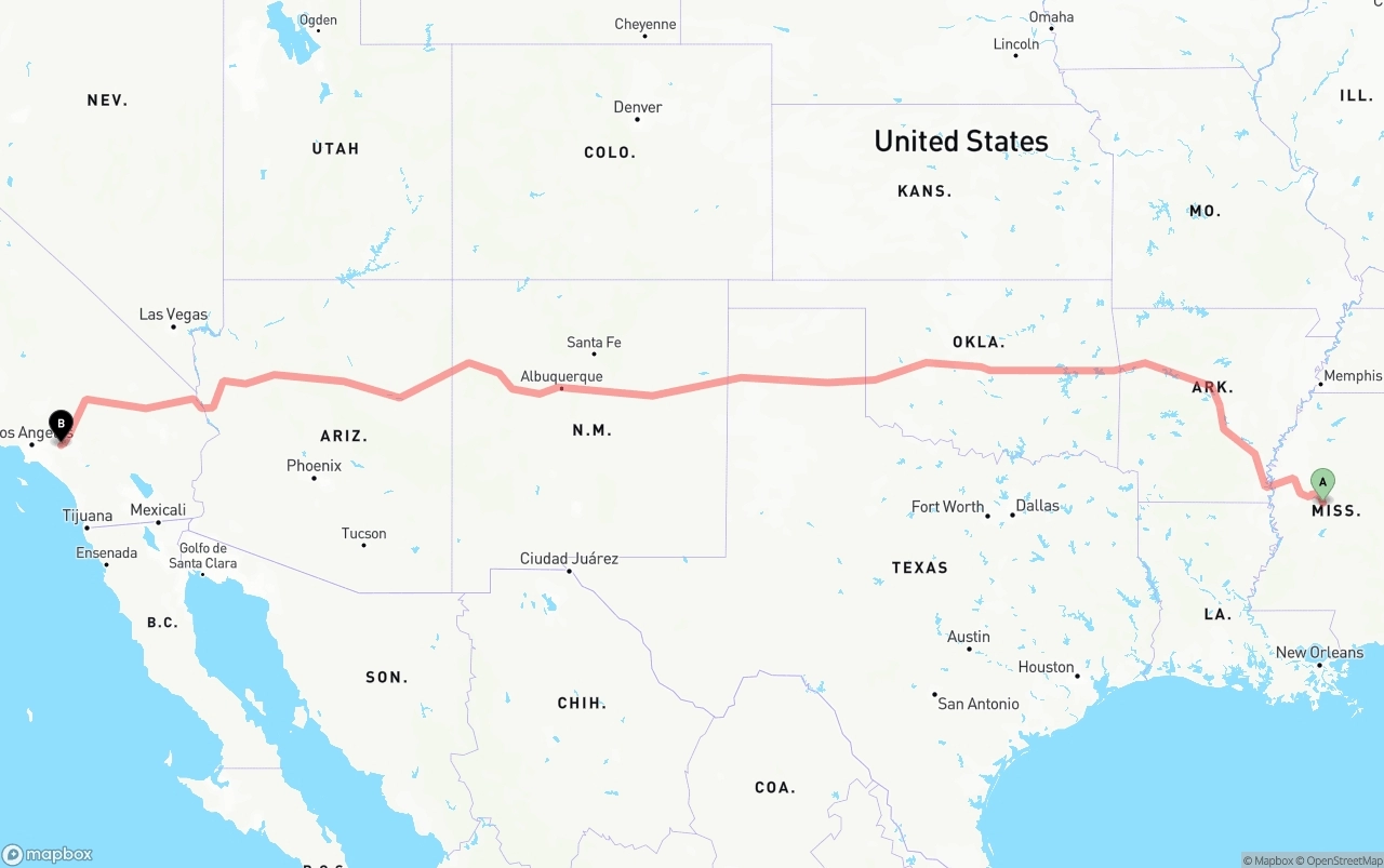 Shipping route from Mississippi to Ontario International Airport