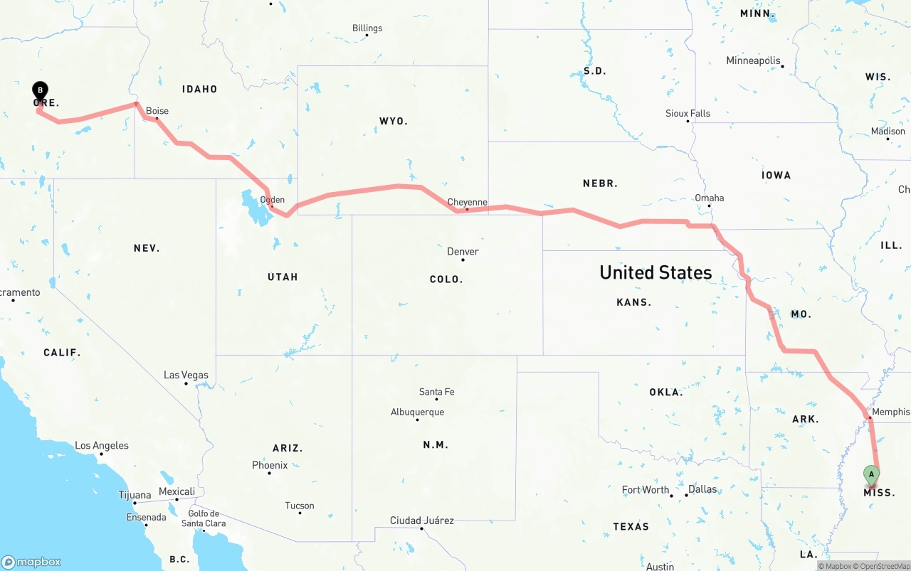 Shipping route from Mississippi to Oregon