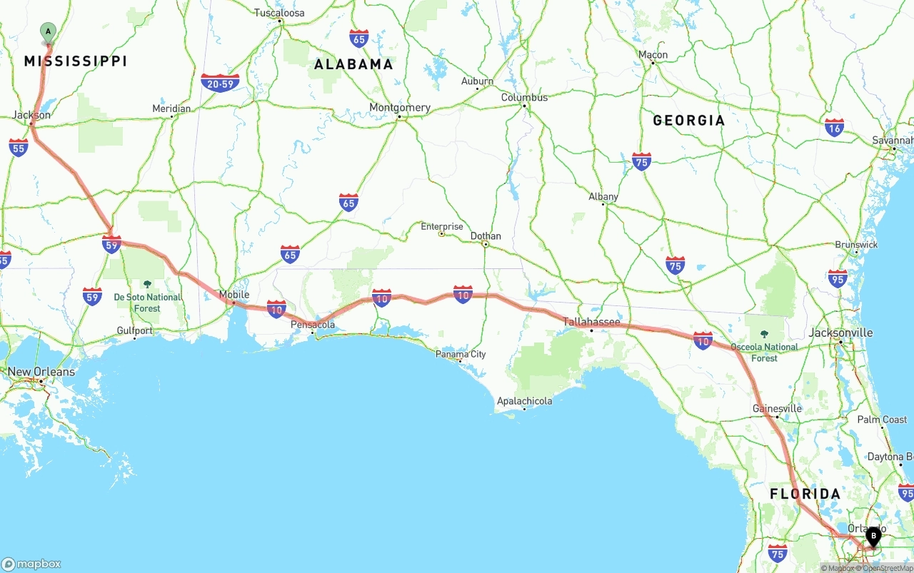 Shipping route from Mississippi to Orlando International Airport
